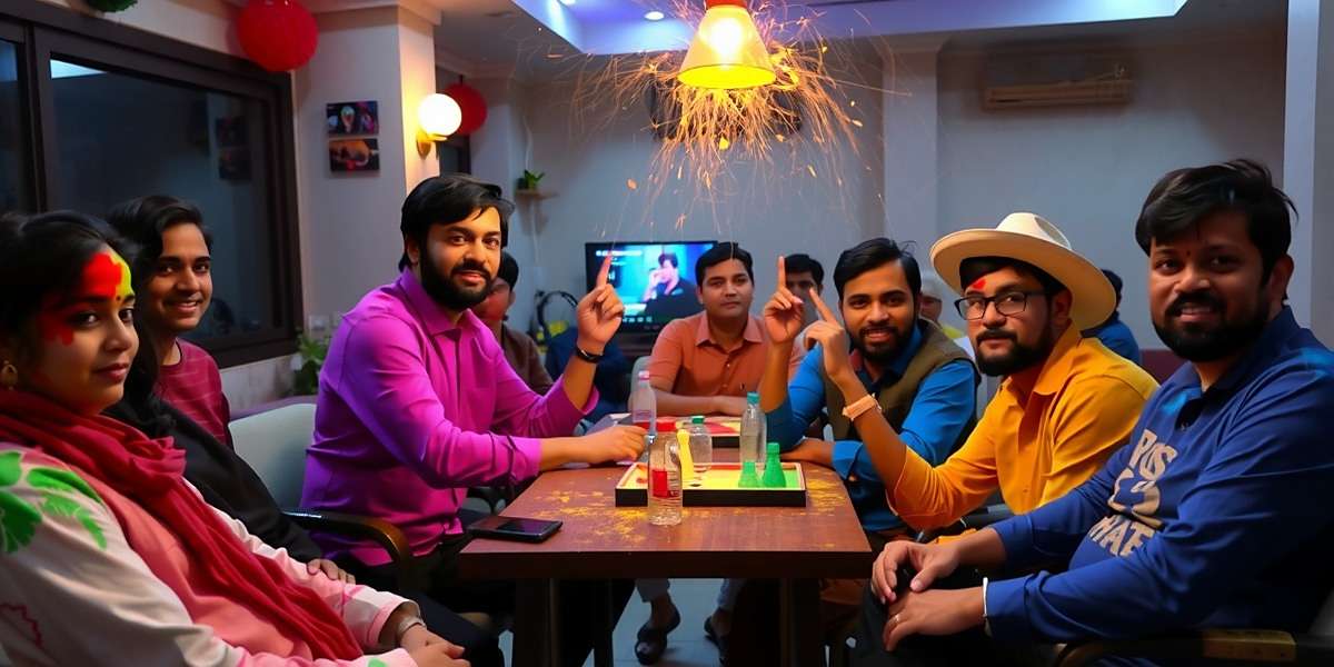 Star Anise Grandmaster players celebrating Holi together at a community meetup in Delhi, with colorful clothes and game-themed decorations