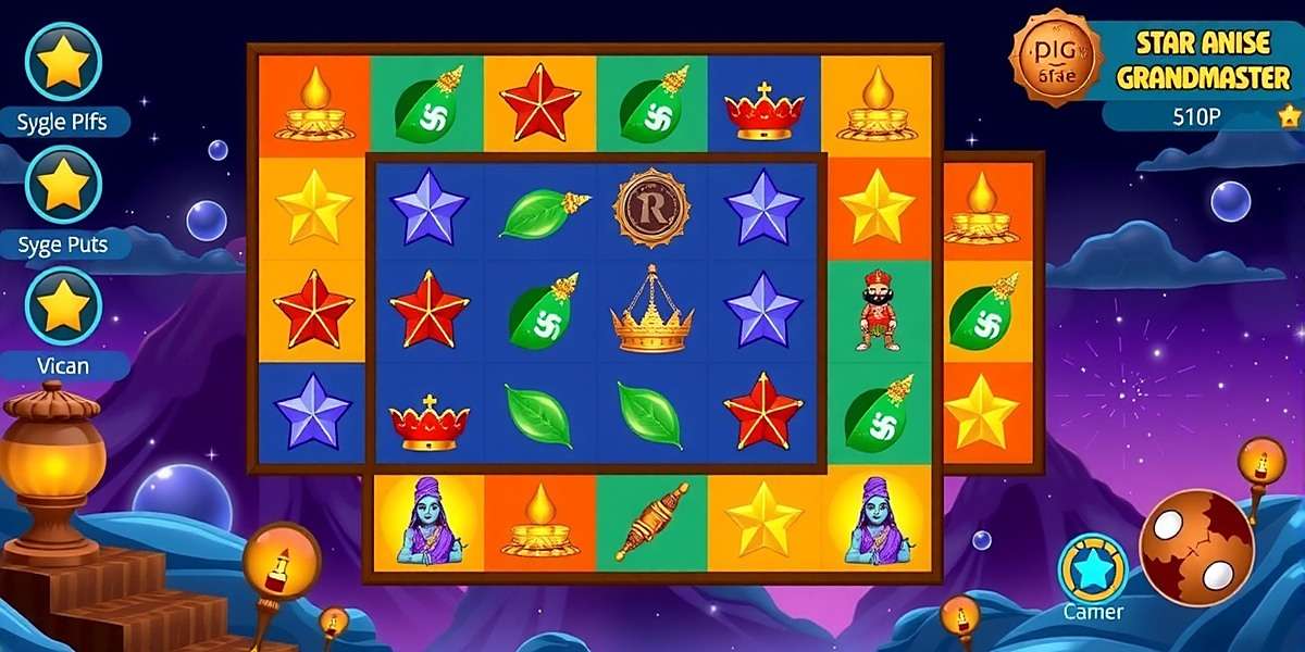 Star Anise Grandmaster gameplay screenshot showing a puzzle board with colorful Indian-themed symbols and character icons